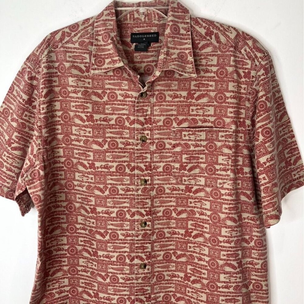 Saddlebred Men's Large 100% Cotton Short Sleeve Button-Up Shirt Fish Print Red/B